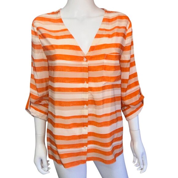 Alice + Olivia Tops - ALICE + OLIVIA Button Front Womens S Orange Cream Striped Silk 3/4 Sleeve Top
